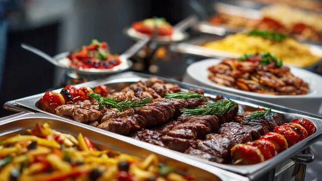 Feast for the Senses: An array of culinary delights, featuring grilled meats, pasta, and vibrant garnishes, tantalizes the senses on a buffet spread.