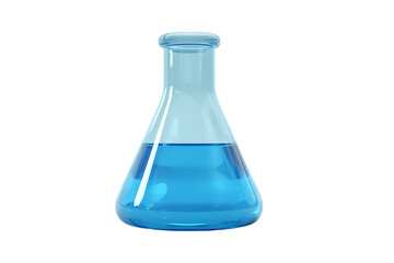 A Detailed Look at a Clear Glass Erlenmeyer Flask Filled with Bright Blue Liquid Isolated on transparent background, cutout 