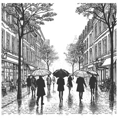 rainy city street with pedestrians holding umbrellas, walking between tall historic buildings sketch engraving generative ai raster illustration. Scratch board imitation. Black and white image.
