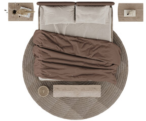 Isolated modern double bed with brown blanket and round rug – Top view – Bedroom furniture cutout for interior design