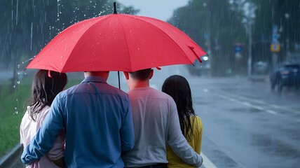 Two couples walking under a red umbrella in the rain on a wet street