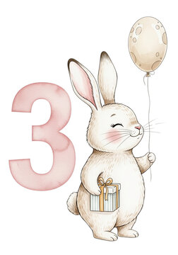 A cute rabbit with a balloon and gift next to the number 3. perfect for third birthday cards, party invitations, or children's celebration visuals. Isolated on a transparent background, PNG.