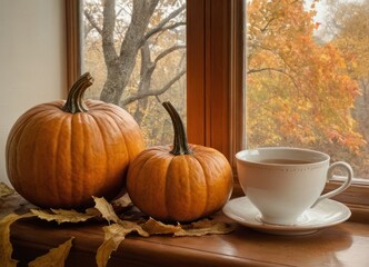 Autumnal Still Life Pumpkins, Tea, and Fall Colors