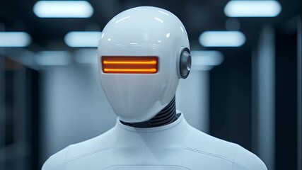 Futuristic humanoid android robot with glowing orange visor and white armor in high tech artificial intelligence environment - Powered by Adobe
