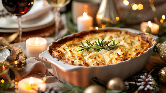 Savor the warmth of a delicious homemade shepherd's pie, perfectly browned and garnished with fresh rosemary, creating an inviting holiday dining ambiance with soft candlelight.