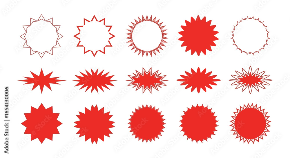 Poster dynamic set of red vector graphic starburst and circular shapes, perfect for modern promotional labe
