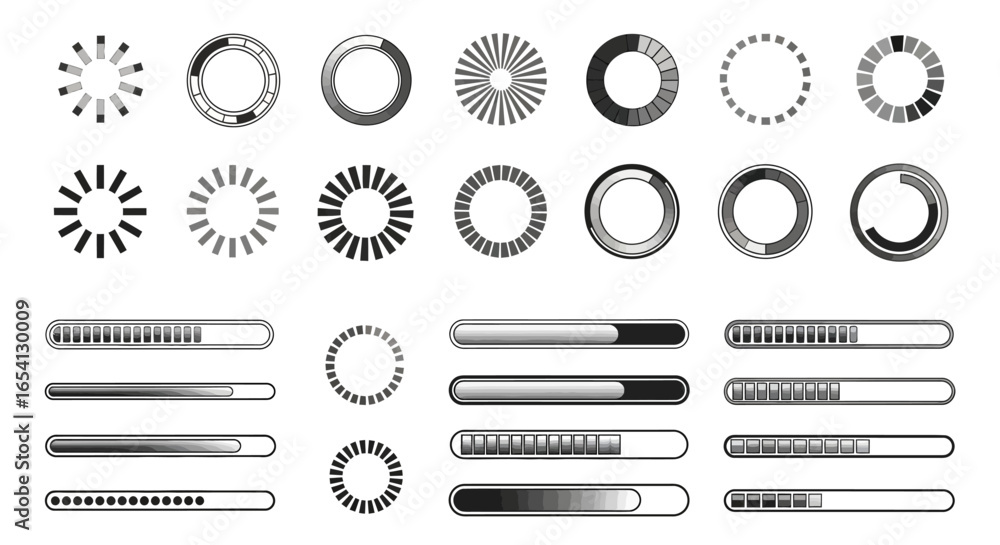 Aufkleber vector collection of loading progress bars and circular preloader spinner icons. user interface elem