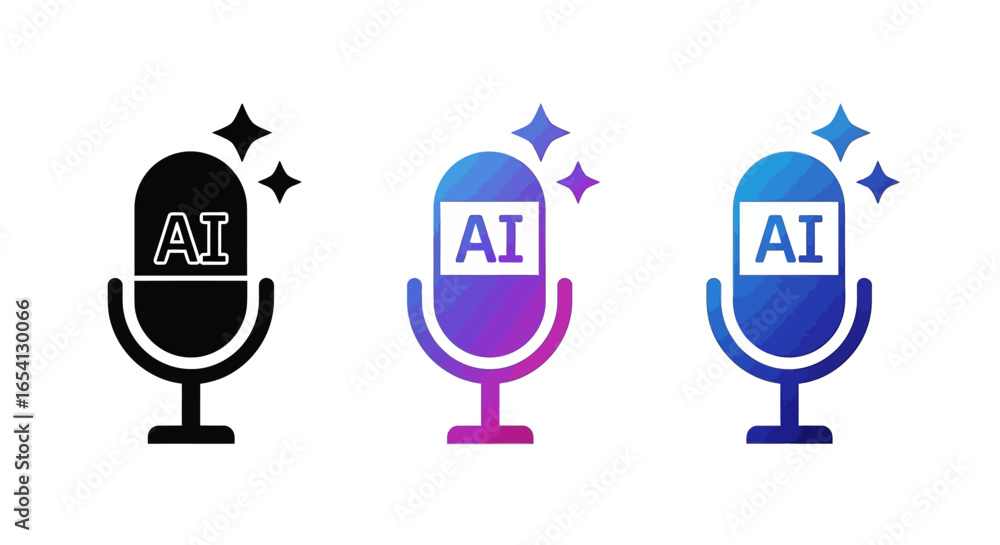 Aufkleber ai voice recording and broadcasting icon set microphones with ai label and sparkling accents