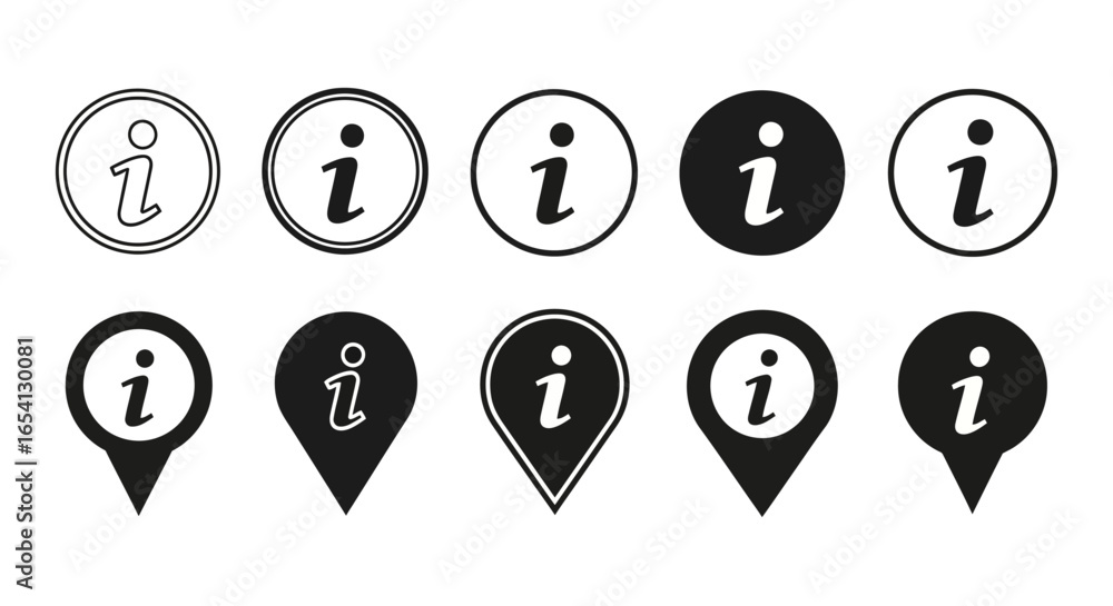 Aufkleber vector set of black information icons. collection of circle info signs and map location pin pointer 