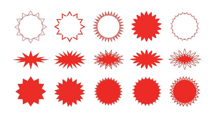 Fototapeta premium Dynamic set of red vector graphic starburst and circular shapes, perfect for modern promotional labels, discount badges, and versatile design elements for various uses.