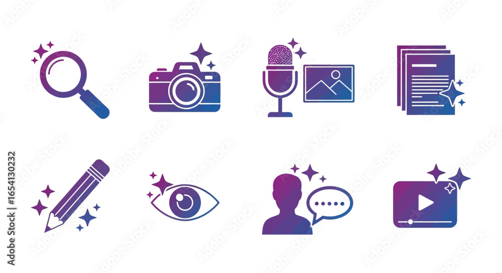 Poster set of colorful graphic design icons representing creative tools and digital media concepts on white