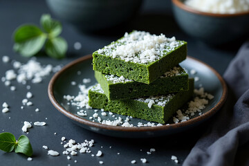 Premium spirulina energy bars with shredded coconut, flat lay on ceramic plate, dark slate background, high-contrast moody lighting, fitness snack, healthy lifestyle concept.