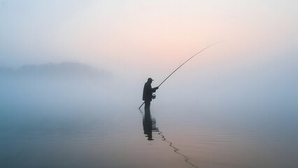 Silhouette of a fisherman casting a line on a misty lake at dawn