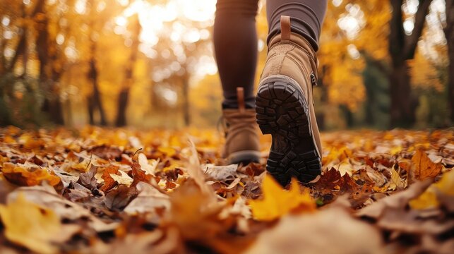 Close-up of female legs in hiking boots walks on ground with yellow-orange dry fall leaves during autumn season in park or forest. Feet walking in outdoor nature. Healthy lifestyle on leisure activity
