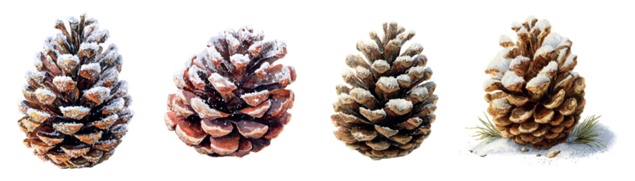 Set of Christmas tree cones sprinkled with snow png. Watercolor pine cones sprinkled with white snow. Decor for Christmas designs and Christmas trees. Christmas, New Year and winter elements.