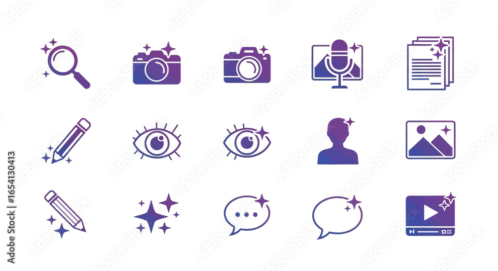 Poster gradient icon set with sparkle effect for technology and content creation, including camera, video, 