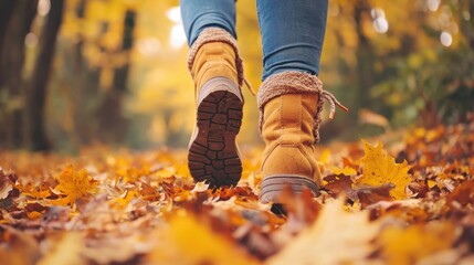 Close-up of female legs in hiking boots walks on ground with yellow-orange dry fall leaves during autumn season in park or forest. Feet walking in outdoor nature. Healthy lifestyle on leisure activity