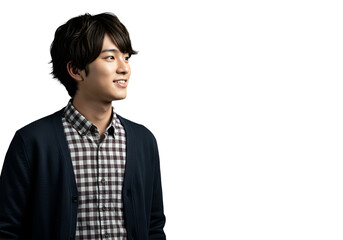 Japanese Young Man in Checkered Shirt, Transparent Background, Horizontal Composition