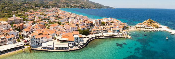 Panorama of Kokkari town on Samos island, Greece