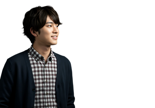 Japanese Young Man in Checkered Shirt, Transparent Background, Horizontal Composition