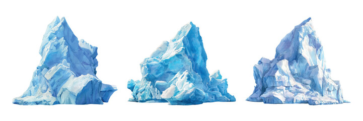 Set of watercolor ice bergs. Icy winter icebergs or mountains. Natural ice elements of winter, arctic and other cold seasons. Vector illustration. © Narin