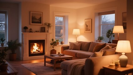 Cozy Living Room with Fireplace and Soft Lighting