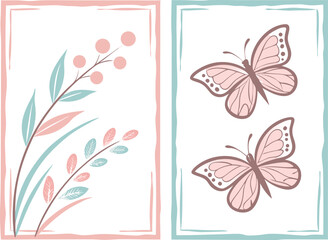 Fototapeta premium Botanical and Butterfly Pastel Vector Illustration Set. Floral Frames, Leaves Branches, and Decorative Elements for Nature, Wedding, and Design Projects
