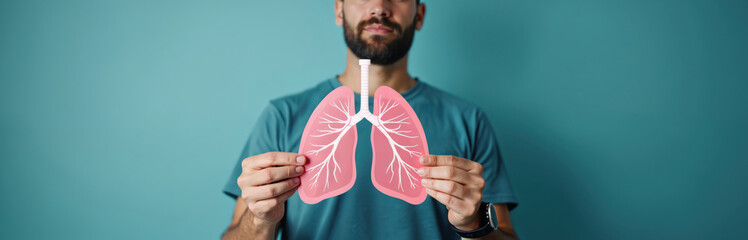 Man holds lung illustration symbolizing respiratory health and World Asthma Day. Focuses on pulmonary airway system, promoting awareness for lung disease, breathing issues, and medical treatment.
