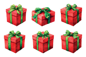 Watercolor set of red gift boxes. vintage red gift boxes tied with green ribbon with bow. Christmas retro gifts. vintage gift wrapping for Christmas.