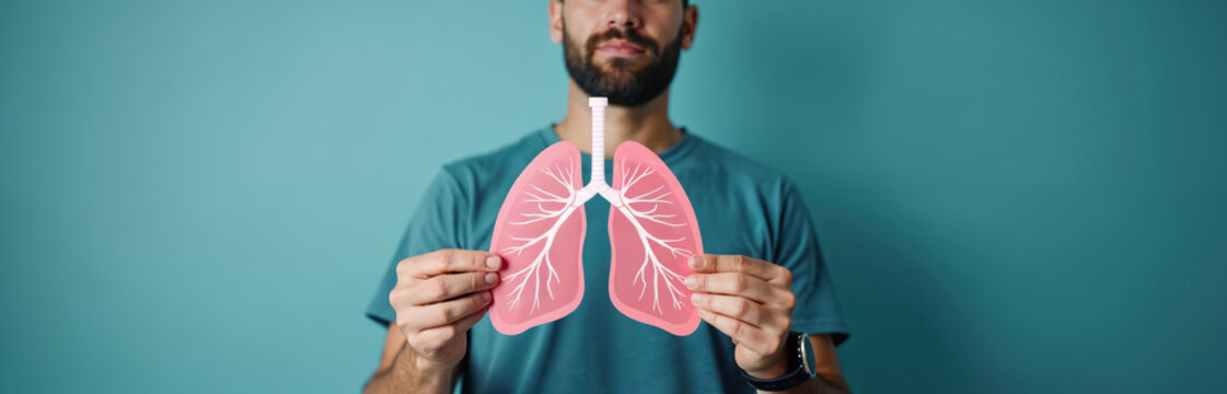 Man holds lung illustration symbolizing respiratory health and World Asthma Day. Focuses on pulmonary airway system, promoting awareness for lung disease, breathing issues, and medical treatment. - Powered by Adobe