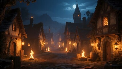 Obraz premium Medieval Village at Night with Illuminated Streets and Cozy Cottages