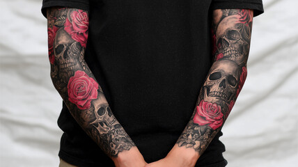 Man with skull and rose tattoos on arms