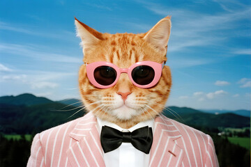 Stylish tabby cat wearing pink sunglasses and black bowtie in light pink striped suit standing against mountain landscape with blue sky and clouds, serious expression.