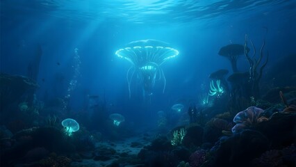 Fototapeta premium Underwater Scene with Bioluminescent Jellyfish and Coral Reef