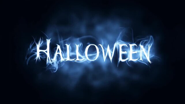 Creepy Halloween text animation with glowing blue smoke effects on a dark background, creating an eerie and spooky vibe. Perfect for Halloween intros, party invitations, horror trailers