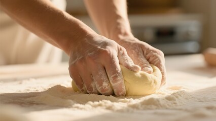 Hands kneading dough on a floured surface in a kitchen setting