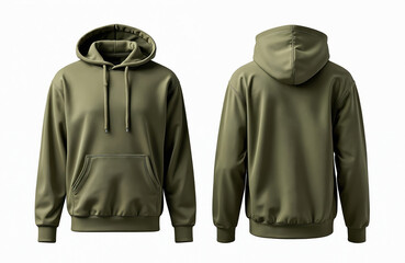 Olive green hooded sweatshirt with front, back views. Features soft fabric, relaxed fit, minimalist design. Essential modern apparel for casual or activewear style. Versatile basic for any wardrobe.