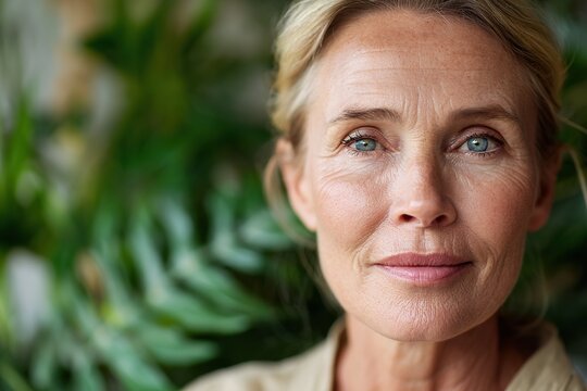 Mature woman with bright green eyes posing gracefully in a lush indoor garden setting