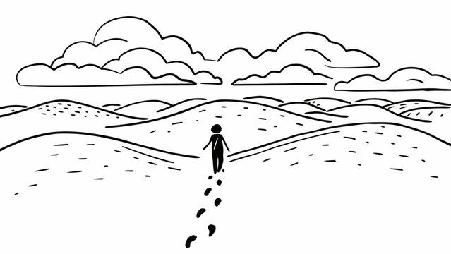 Illustration of a person walking away on a landscape with clouds and footprints in black and white "svg" - Powered by Adobe
