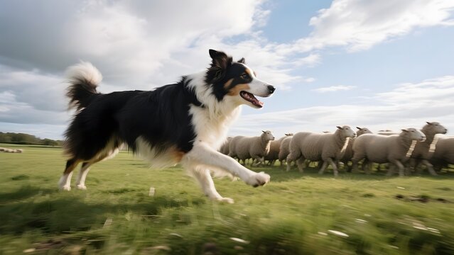 A Border Collie herding sheep in a grassy field under a partly cloudy sky