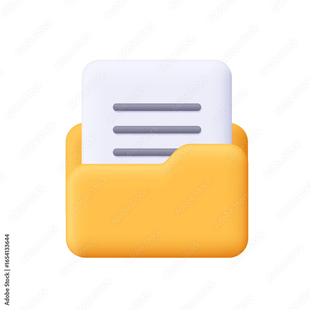 Poster yellow folder and document file with text lines. business, file management concept. 3d vector icon. 
