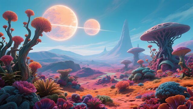 Alien Landscape with Dual Moons and Exotic Flora
