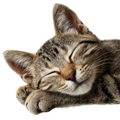 Fototapeta premium Tabby kitten sleeps peacefully indoors, close-up