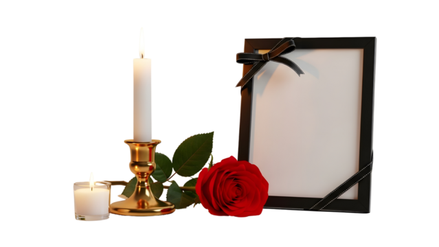 Memorial Candle and Empty Picture Frame Red Rose and Candles Condolence Concept Graphic