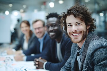 premium smiling business team united around a sleek conference table in spacious modern office