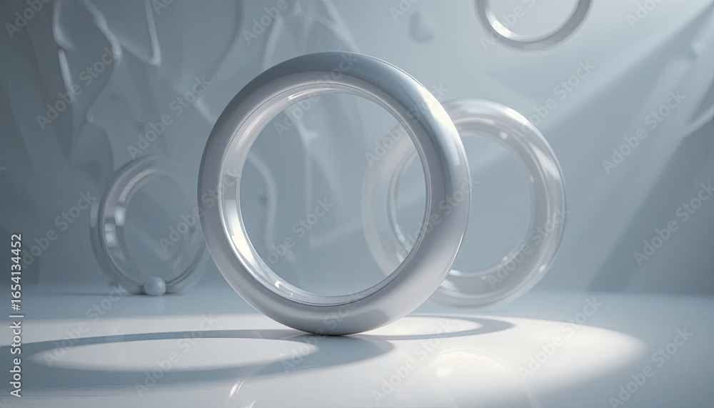 Poster abstract white rings floating in a bright white space with soft shadows and textured background elem