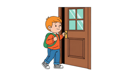 Cartoon boy opening wooden door with backpack  child entering home Schoolboy opening front door — casual outfit cartoon 