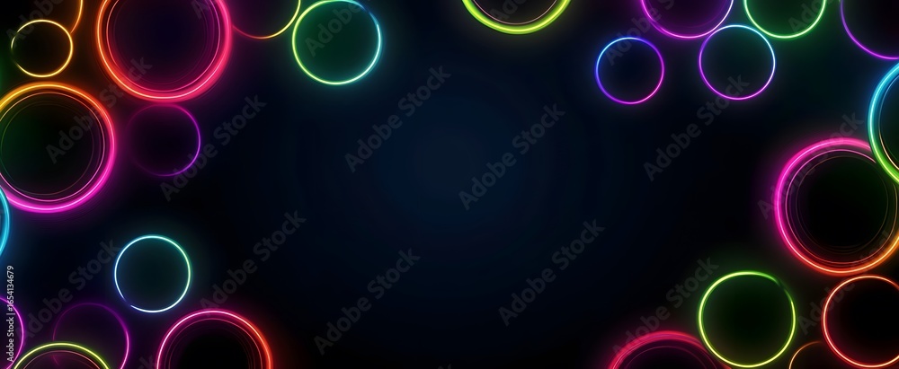 Poster vibrant neon circles in a dark background create a dynamic and engaging visual effect.