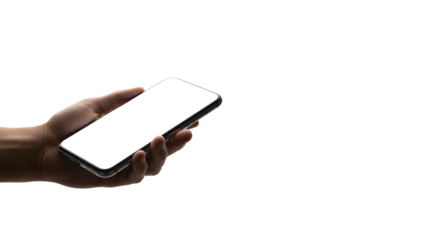 Close-Up of Hand Holding empty screen Smartphone isolated transparent background 