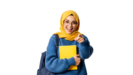 standing girl wearing a hijab and  pointing her finger to front  while holding a book in her hand, and carrying a bag over her shoulder isolated transparent background Modern Muslim Student 